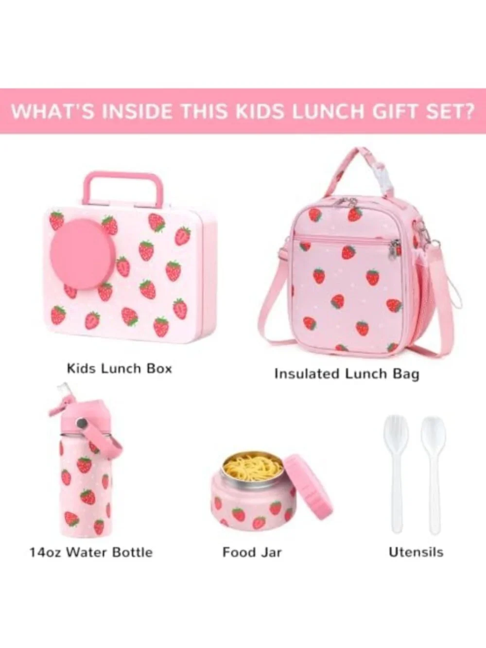 Kids Bento Box Set with Food Jar, Water Bottle & Lunch Bag - Strawberry Design